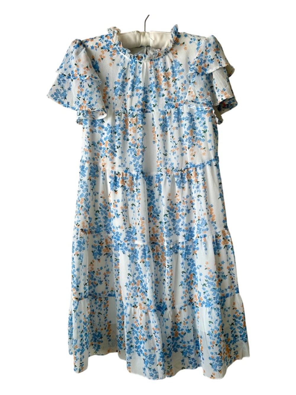 Blue Orange Floral Dress Short Layered Sleeves Ruffle Neck Shein Size Small